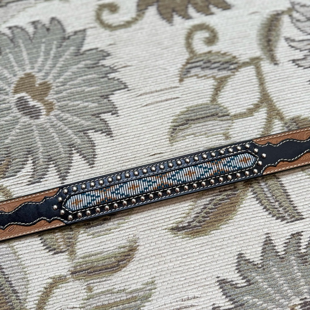 Nocona Leather Belt Brown Distressed Tooled Western Tapestry Studded 46 - Picture 5 of 8